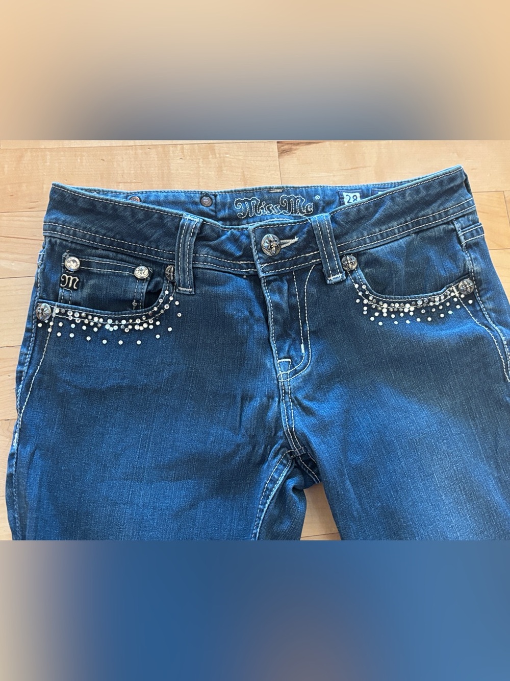 Miss Me Medium-Dark Blue Skinny Jeans with Rhinestone Trim - Picture 4 of 16